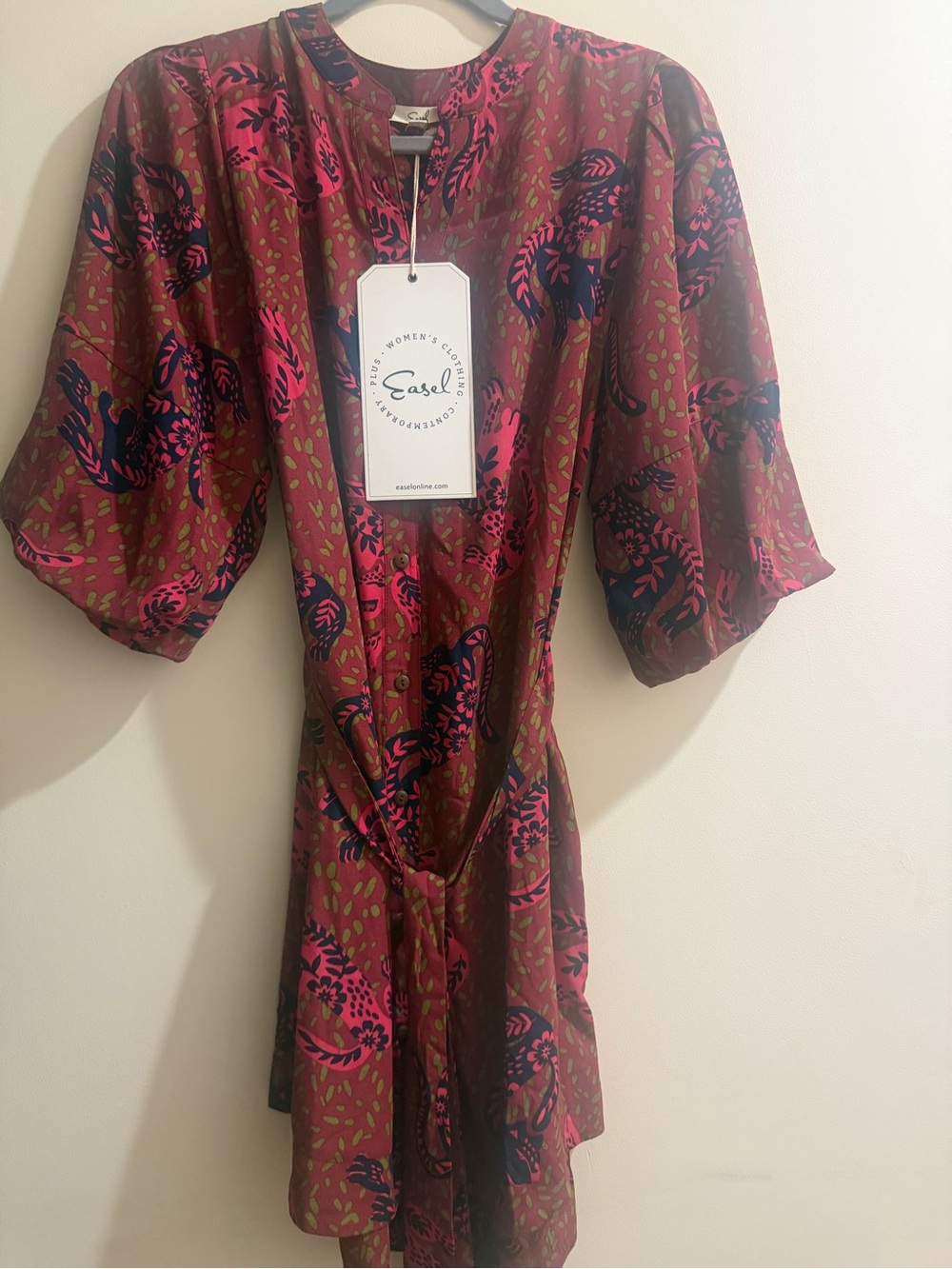 easel Burgundy Floral Tie-Waist Mini Dress with Pink & black print